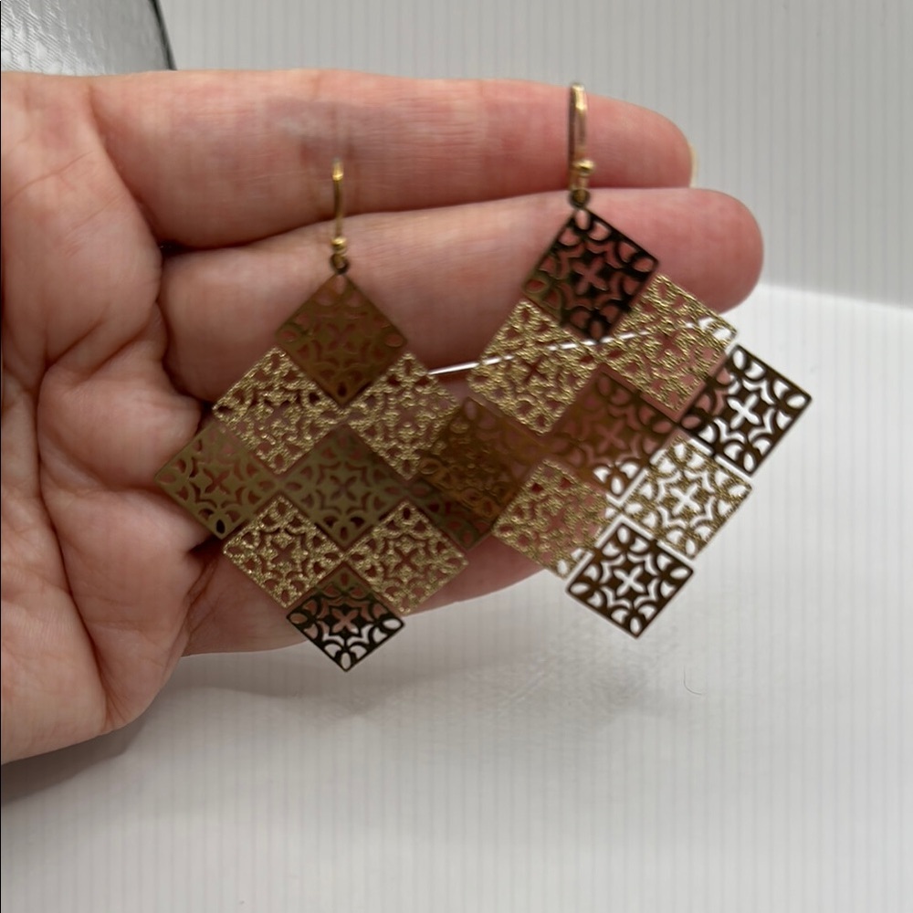 Gold Tone Filigree Statement Earrings with Intricate Design